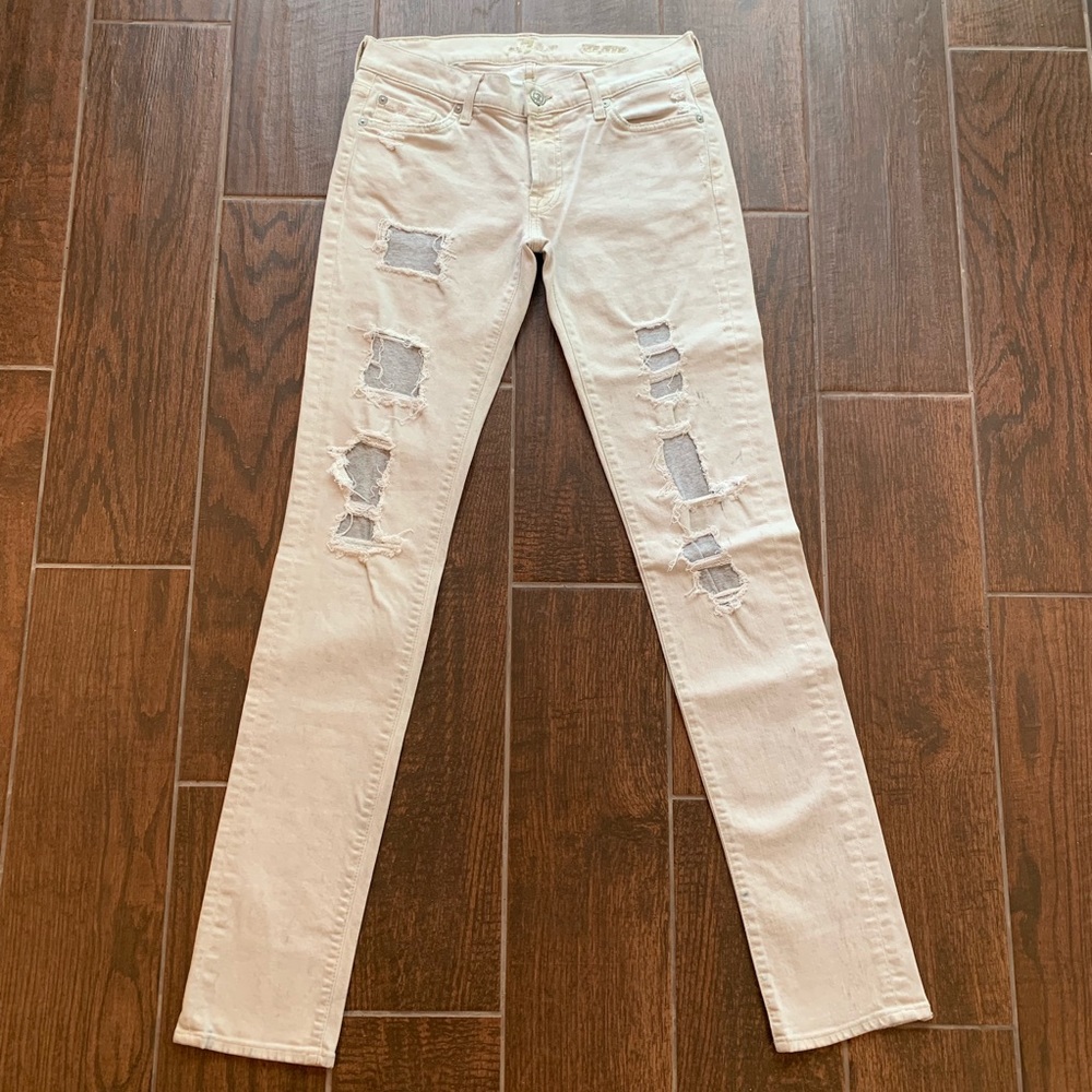 7 for all Mankind Cream Grey Distressed 32” LONG